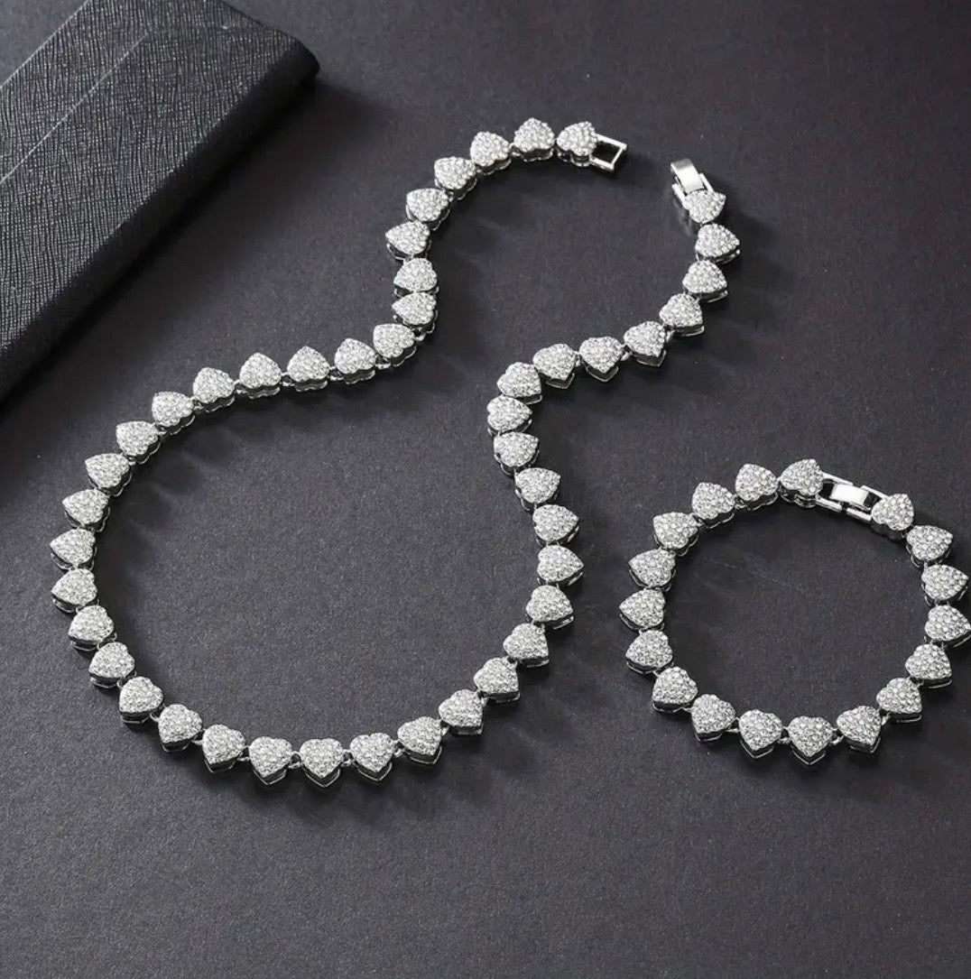 Iced Out Heart-Shaped Necklace Bracelet Set