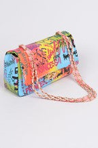 Multi Letter Print Chain Body Clutch