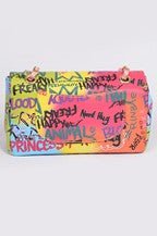 Multi Letter Print Chain Body Clutch