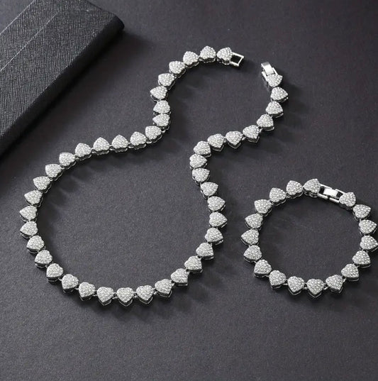 Iced Out Heart-Shaped Necklace Bracelet Set