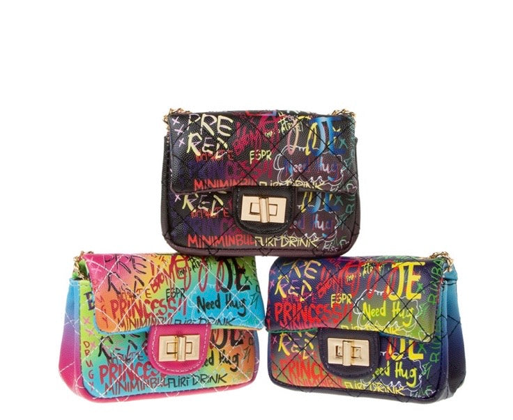 Quilted Graffiti Print Mini Shoulder Bag