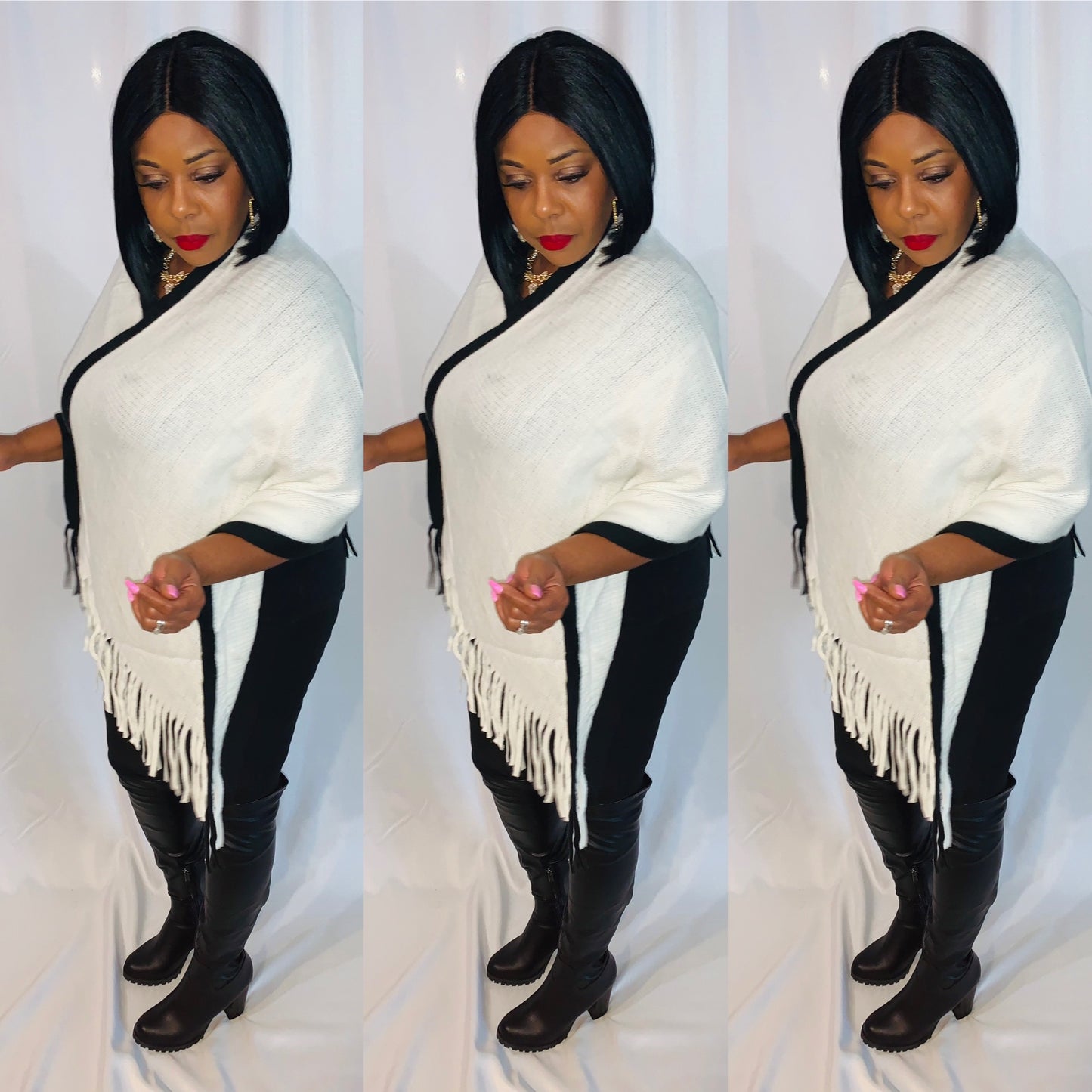 Contrast Fringe Poncho