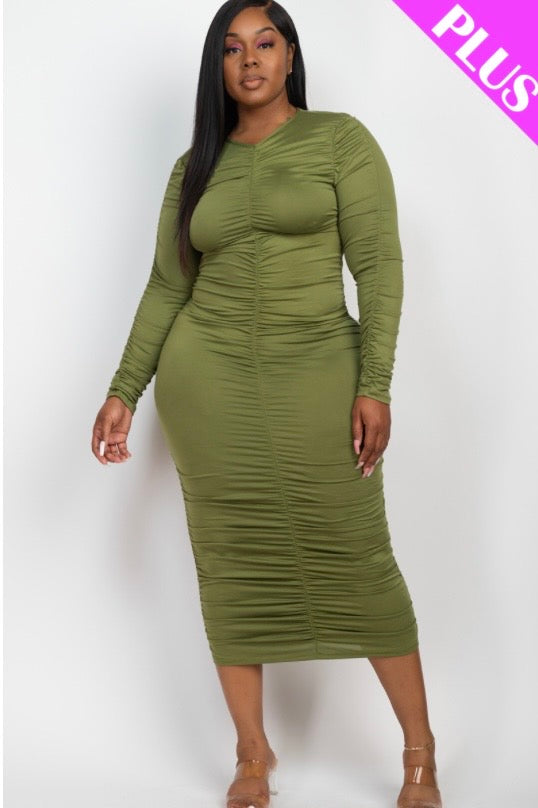 “Brittany” Long Sleeve Ruched Dress (Plus)