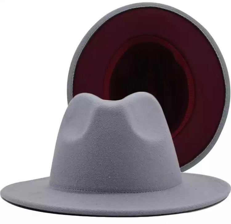 Felt Jazz Fedora Hat - Grey With Burgundy Bottom