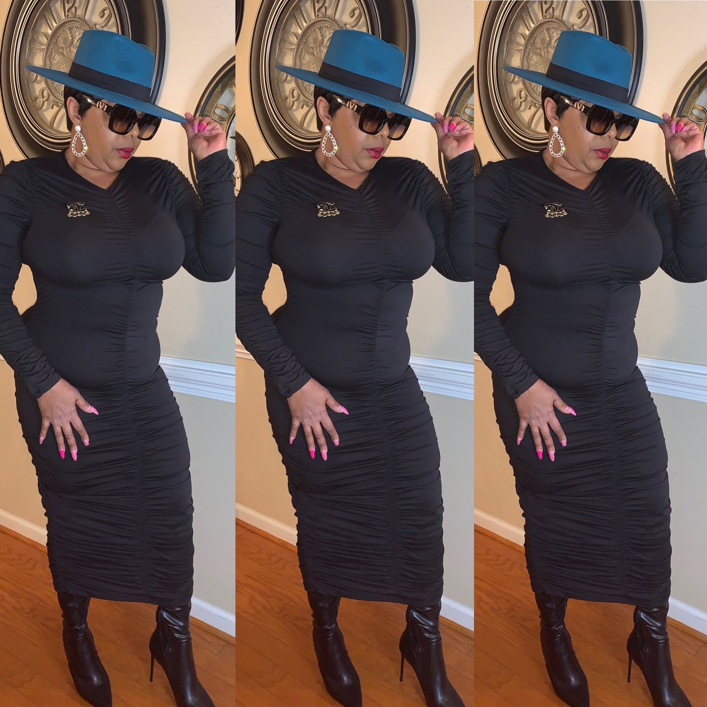 “Brittany” Long Sleeve Ruched Dress (Plus)