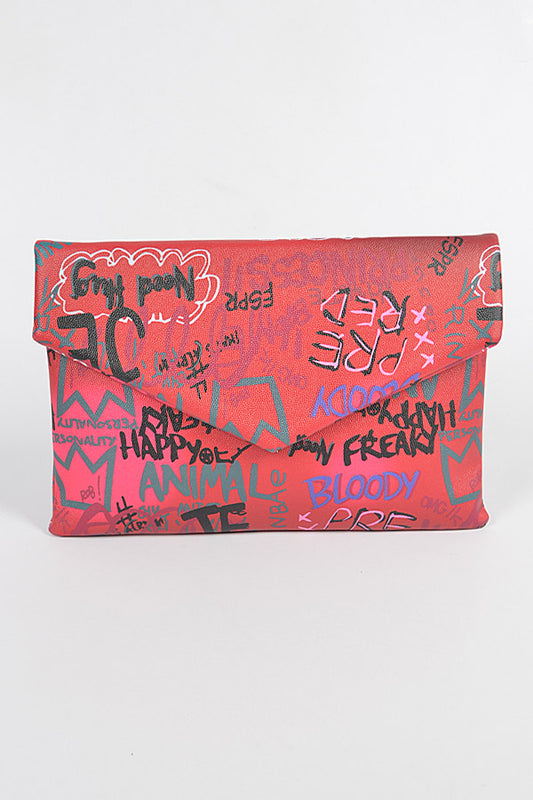 Burgundy Graffiti Letter Cross Chain Body Clutch