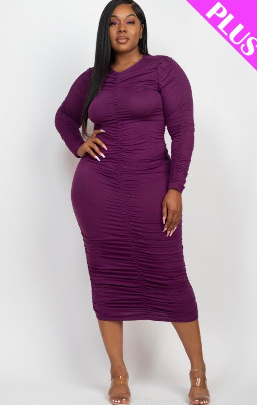 “Brittany” Long Sleeve Ruched Dress (Plus)