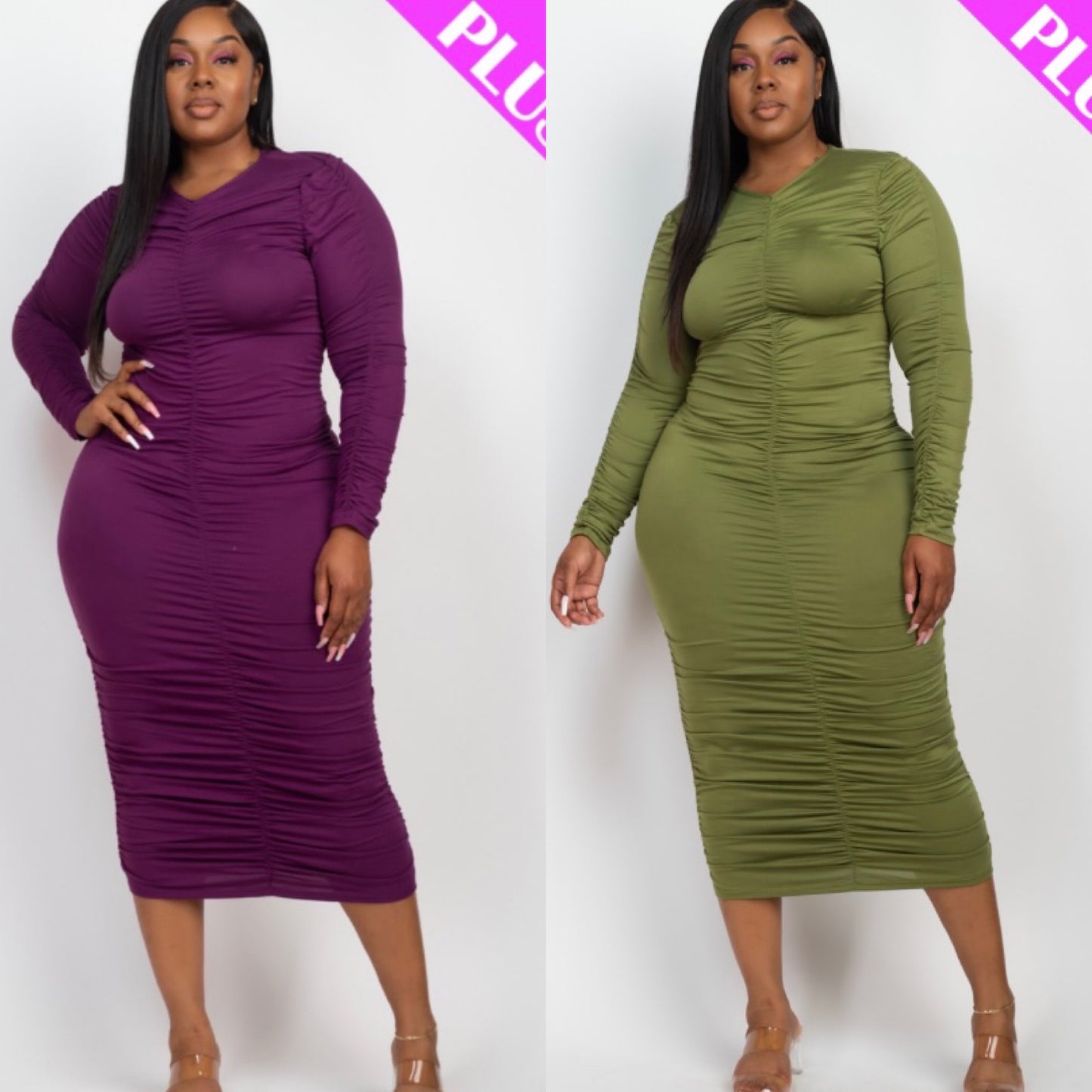 “Brittany” Long Sleeve Ruched Dress (Plus)