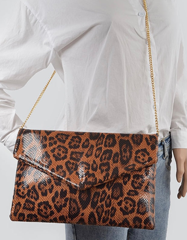 Faux Leather Leopard Envelope Clutch