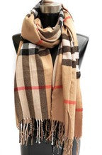 Classic Plaid Patterned Soft Knit Oblong Tassel Scarf